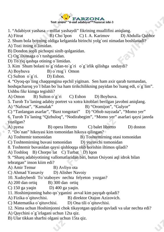 6-sinf adabiyot test-1-shorak — DOCX