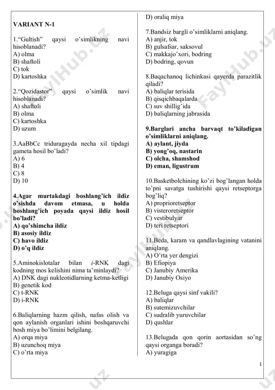biologiyadan 20ta varianlar — PDF