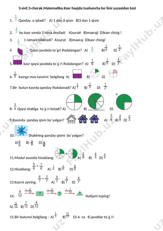 3-s.kasr haqida tushuncha test toopshirig`i — DOCX