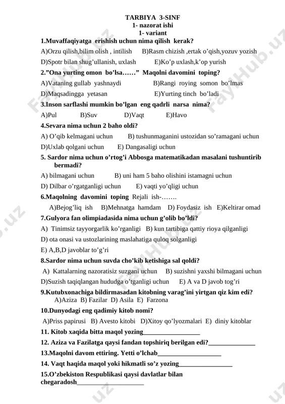 3 -sinf tarbiya 1- nazorat ishi — DOCX