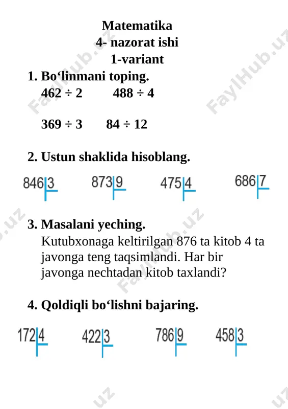 4- nazorat ishi matematika 3 sinf — DOCX