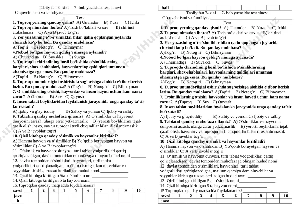 tabiiy fan 7 bob test 3 sinf — DOCX