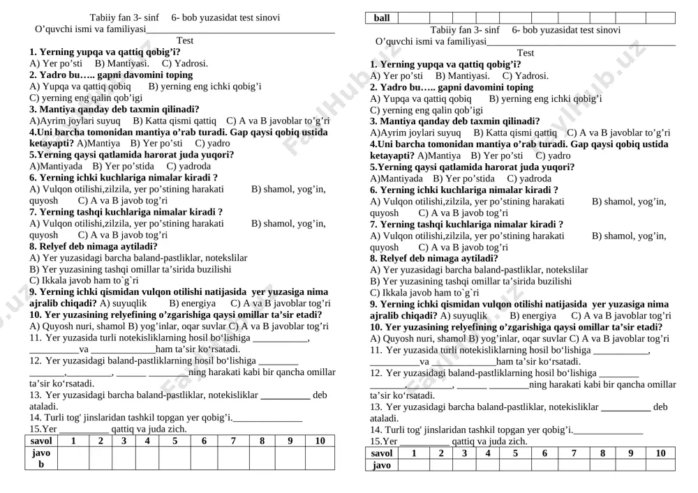 tabiiy fan 6 bob test 3 sinf — DOCX