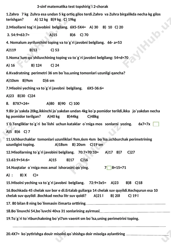 test matematika 2-chorak yangi hafta — DOCX