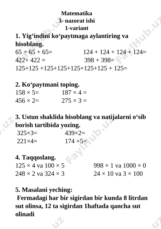 3- nazorat ishi matematika 3 sinf 1111 — DOCX