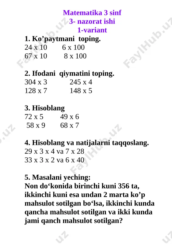 3- nazorat ishi matematika 3 sinf — DOCX