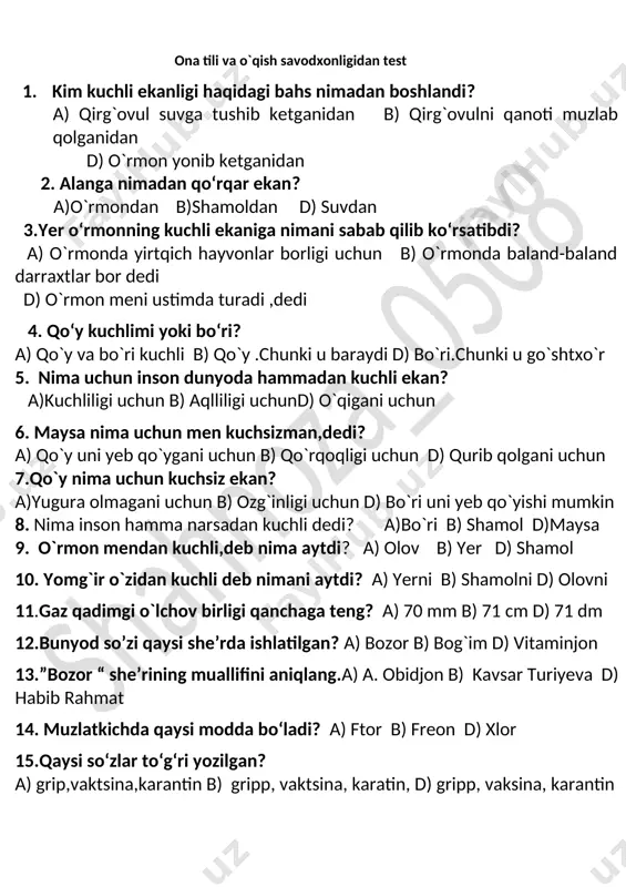 ona tili test tarqatma va karra tarqatma — DOCX