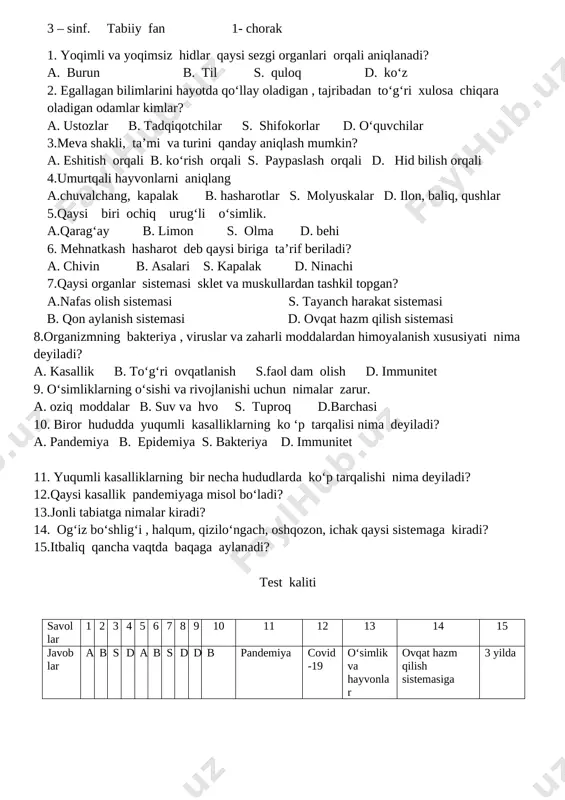 3-sinf test tabiiy fan — DOCX