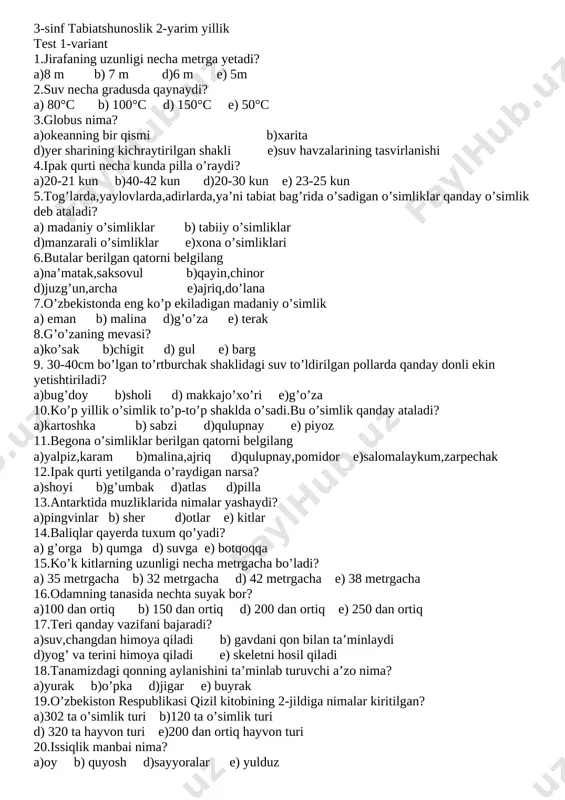 3-sinf tabiatshunoslik 2-yarim yillik 2022 — DOCX