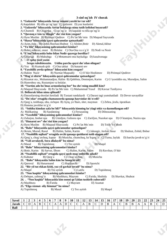 3-sinf o'qish 4-chorak test — DOCX