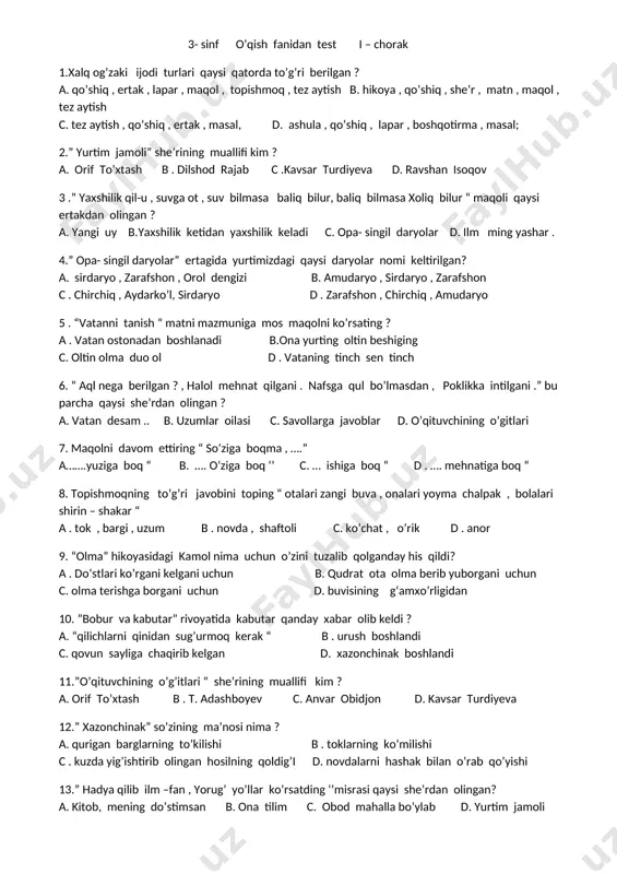 3-sinf 1-4 chorak test o'qish — DOCX