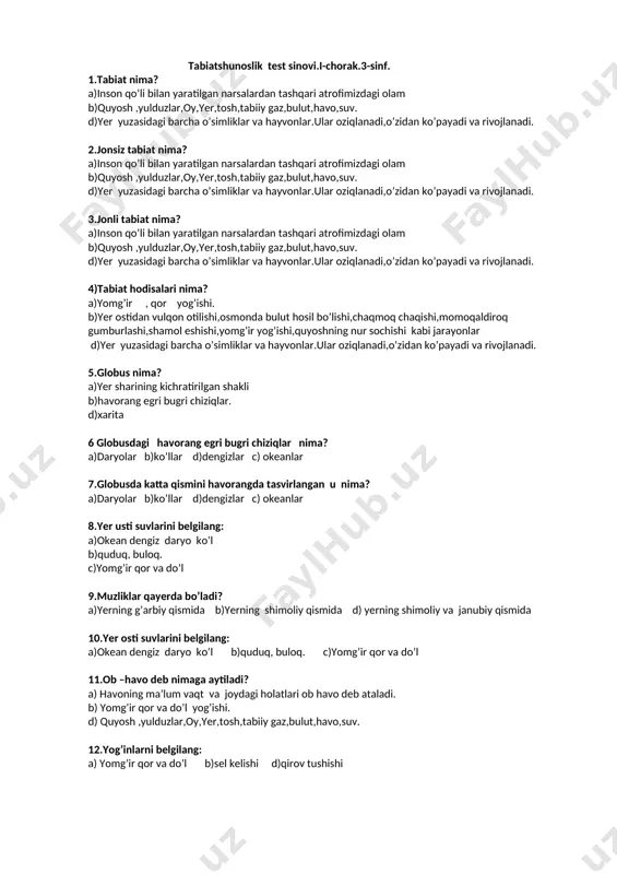 3-sinf tabiat test — DOCX