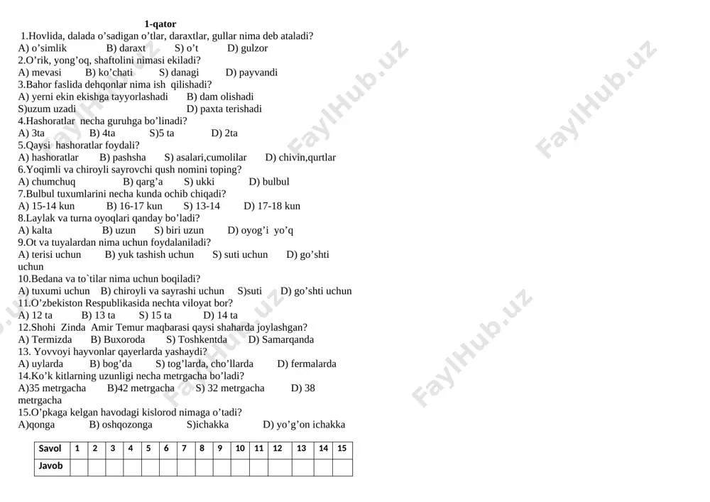 3-sinf tabiat iv chorak test — DOCX