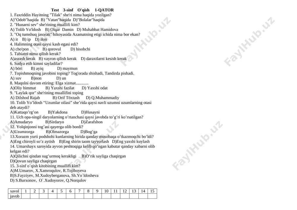 test 3-sinf o'qish iv chorak — DOCX