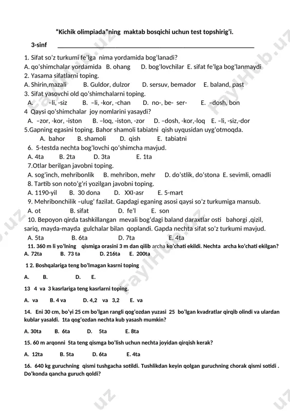 3-sinf blok test — DOCX