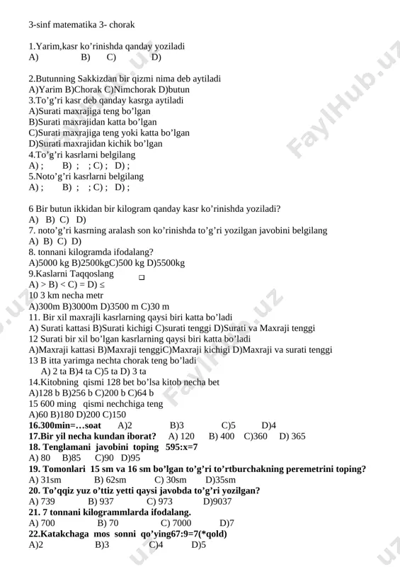 matematika test 3-sinf 4-chorak to'rabekova k — DOCX
