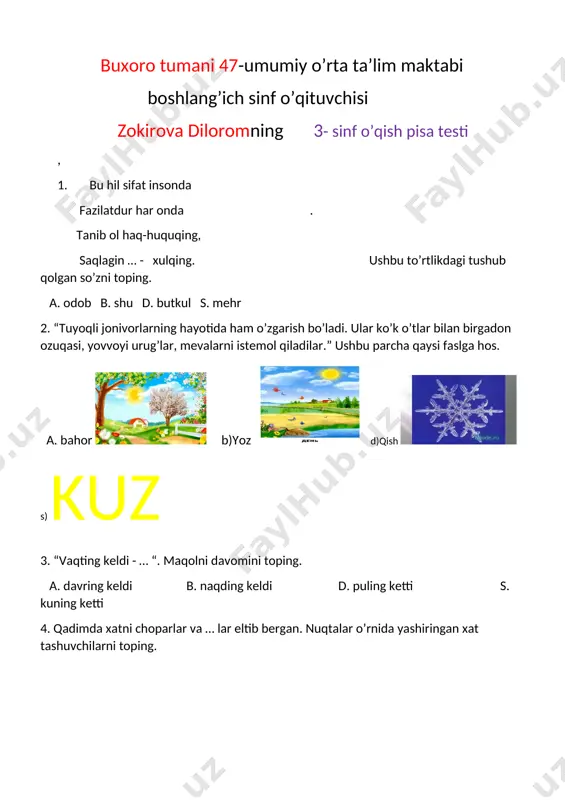3 -sinf .o'qish pisa test +matem — DOCX