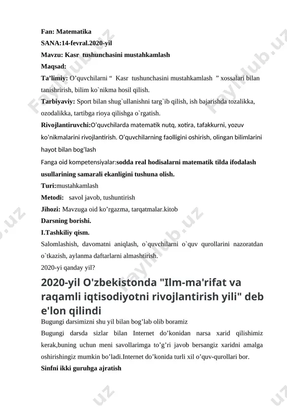 kasr tushunchasi mustahkamlash 2020 — DOCX