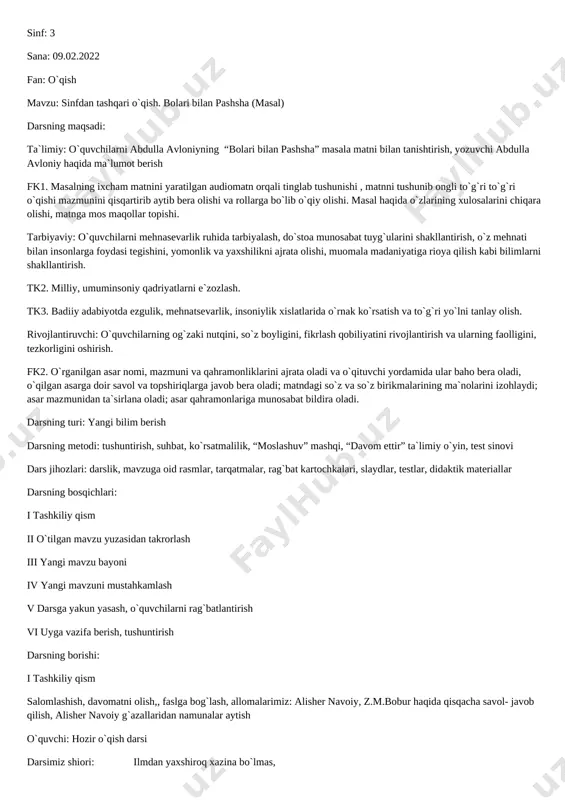 3-sinfda ochiq dars ishlanma — DOCX
