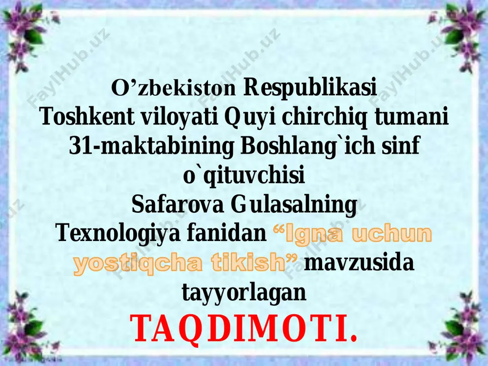 3-sinf texnologiya igna uchun yostiqcha tikish — PDF