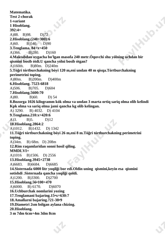 matematika test 3-sinf — DOCX