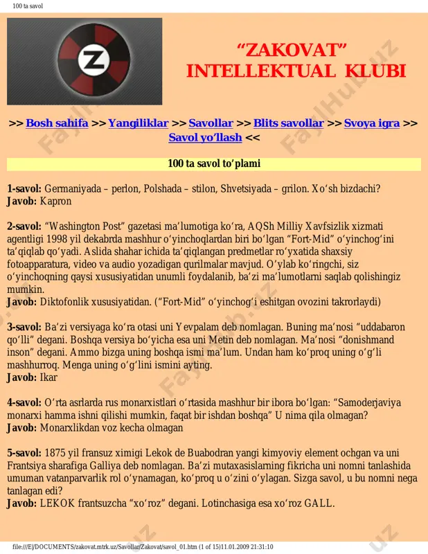 zakovat savollari — PDF