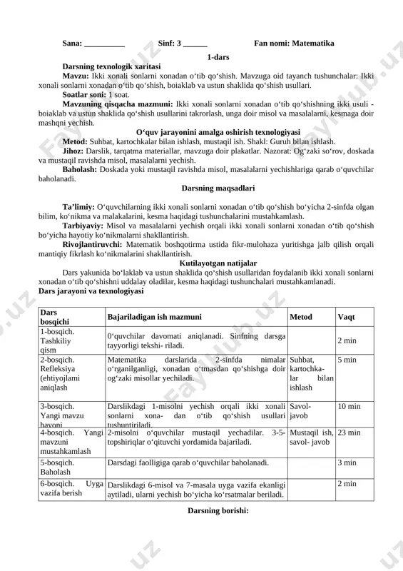 3-sinf matematika konspekt butun — DOCX