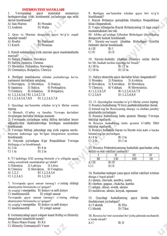 9-sinf geografiya. imtihon test — PDF