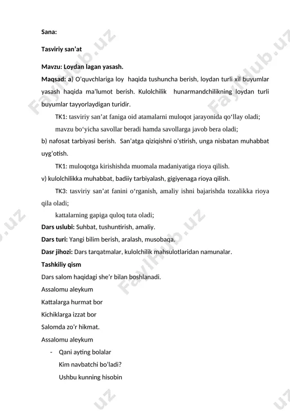 loydan lagan yasash 3-sinf tasviriy san'at — DOCX