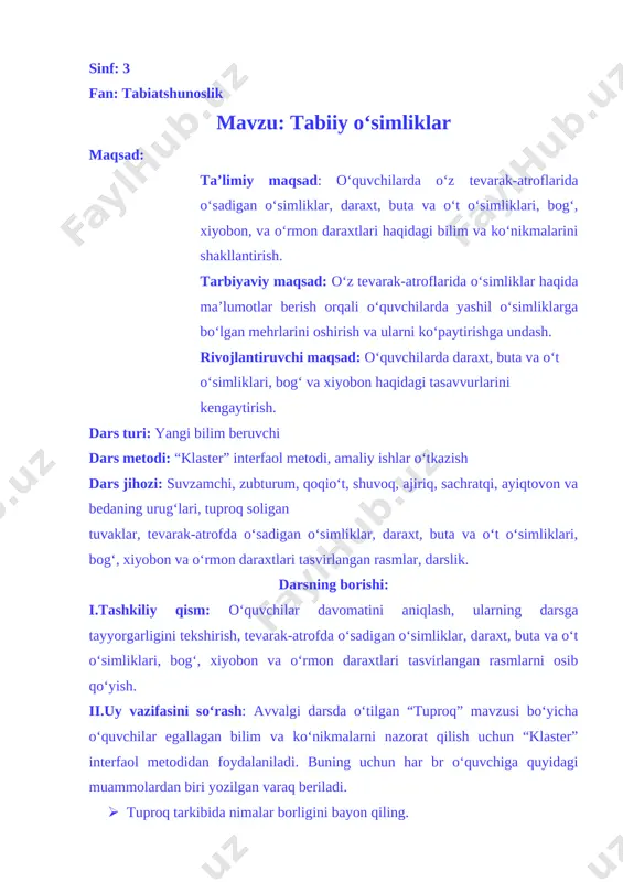 tabiiy o‘simliklar 3-sinf — DOCX