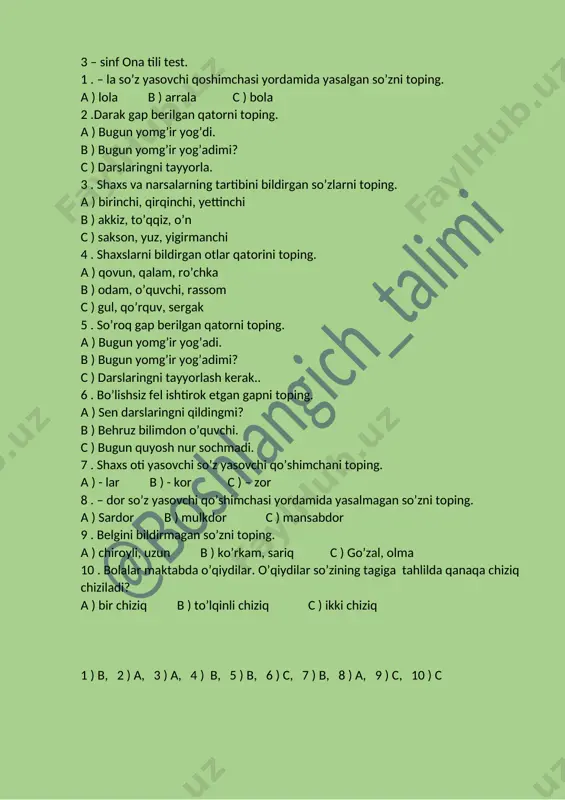 3 - sinf ona tili test. — DOCX