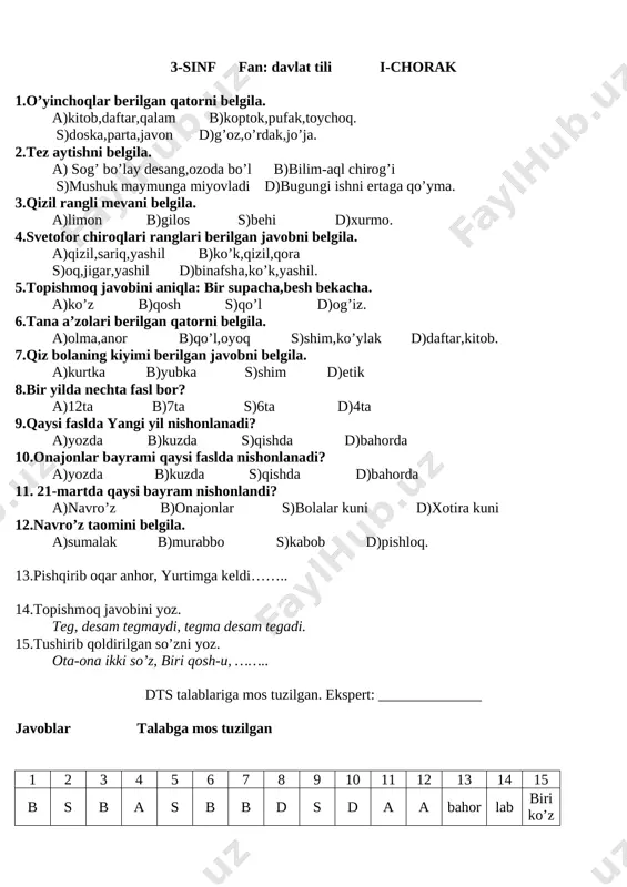 3-sinf 1-2-3-4-chorak test — DOCX