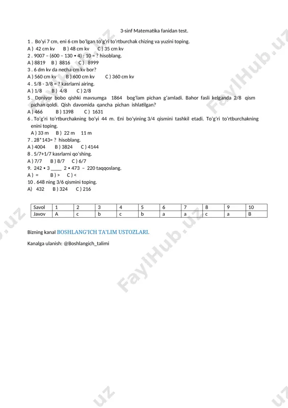 3-sinf matematika test 1 n — DOCX