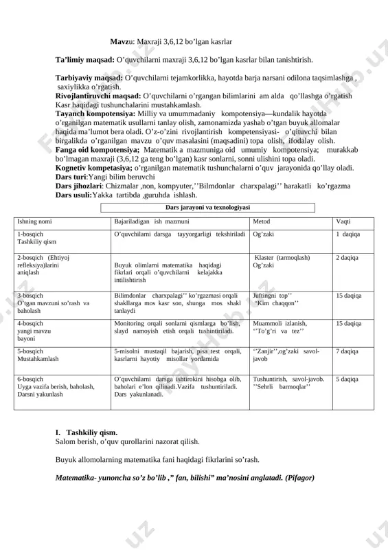 matematika dars ishlanma 3 sinf kasr — DOCX