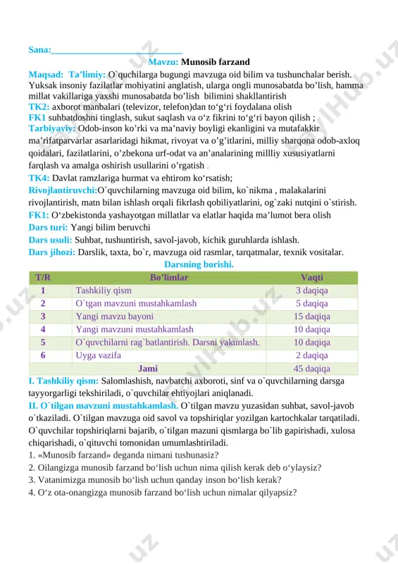 3-sinf tarbiya kanspekti — DOCX