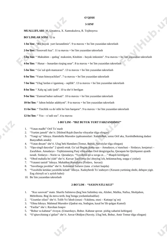 3-sinf o`qish mavzulari, mazmunlari. toyirova ch — DOCX