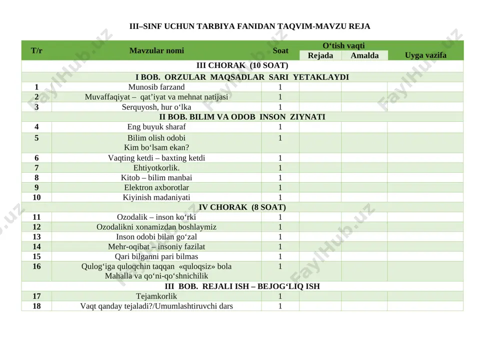 3-sinf tarbiya reja tig'ishlashtirilgan — DOCX