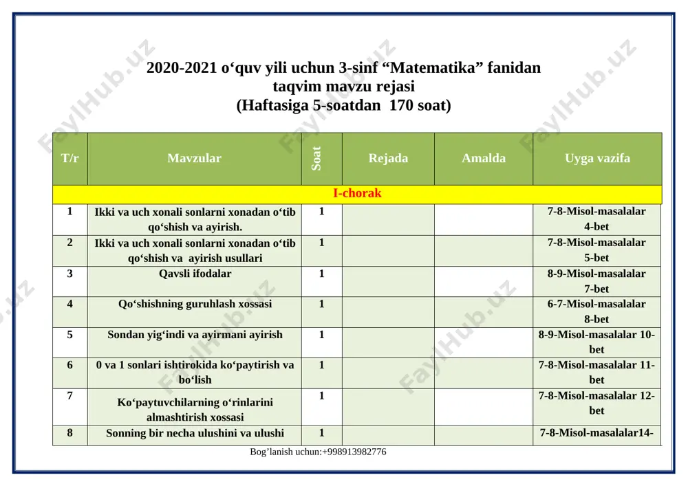 3-sinf matematikai 1-chorak — DOC