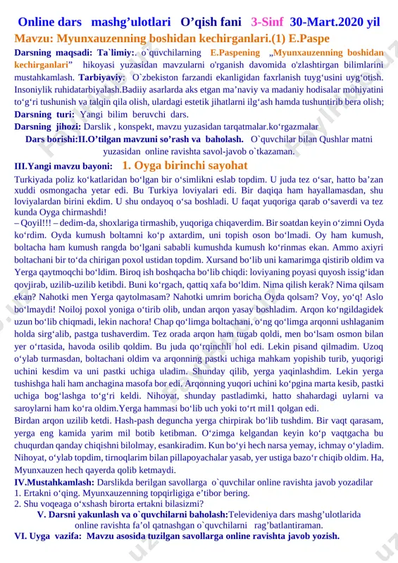 onlayn darslar konspekti boshlang'ich 2020-2021 — DOCX