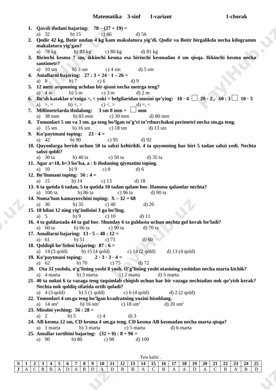 matematika 3-sinf test — DOCX