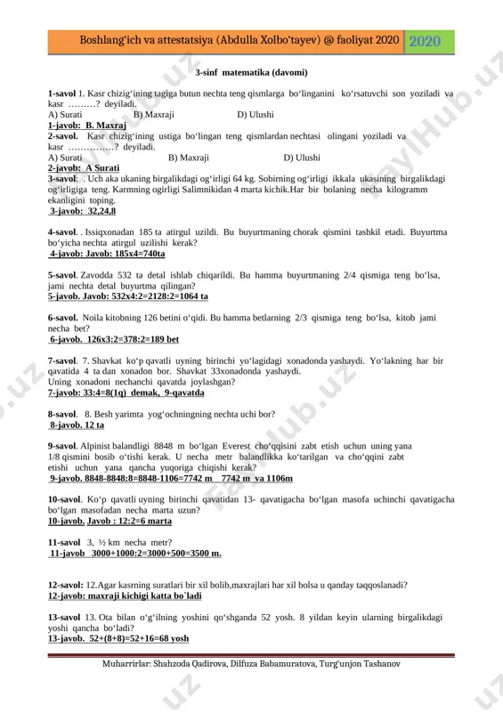 19-mart 3-sinf matem davomi — DOCX