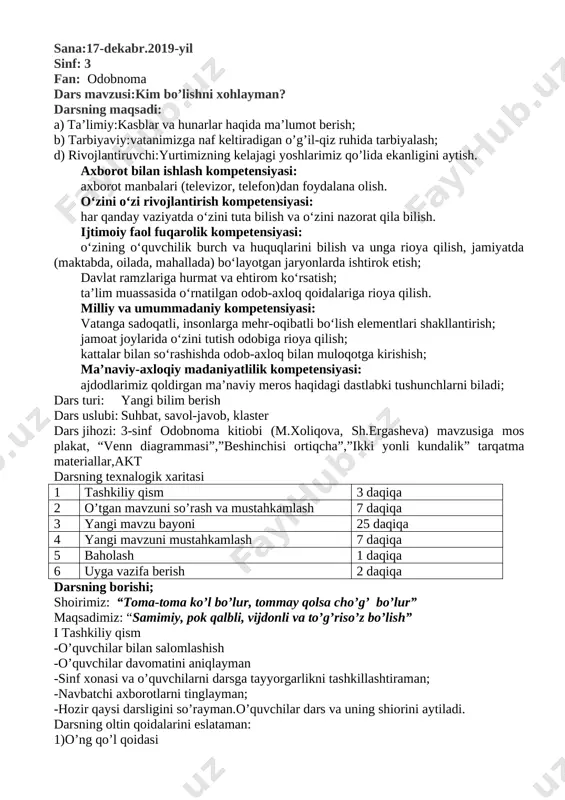 kim bo'lishni xohlayman 3-sinf 2019 — DOCX