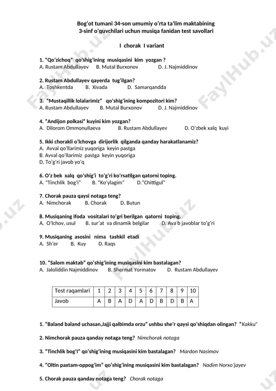 3-sinf uchun musiqa fanidan test savollari — DOCX