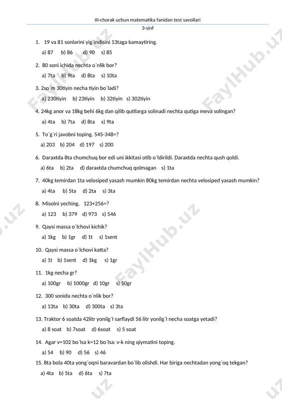 3-sinf 3-chorak matematika — DOCX