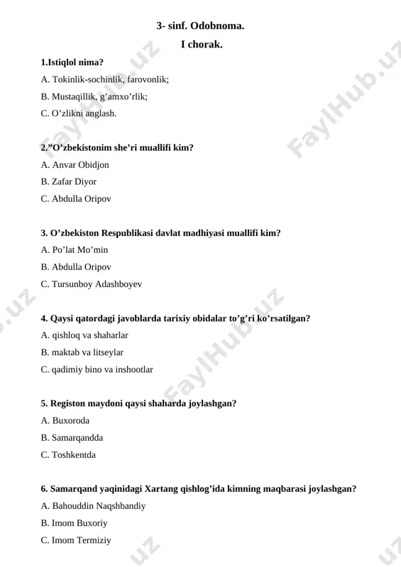 3-sinf test firuza — DOCX