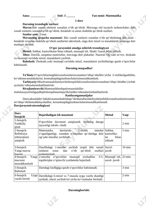 3-sinf dars ishlanma matematika+ — DOCX