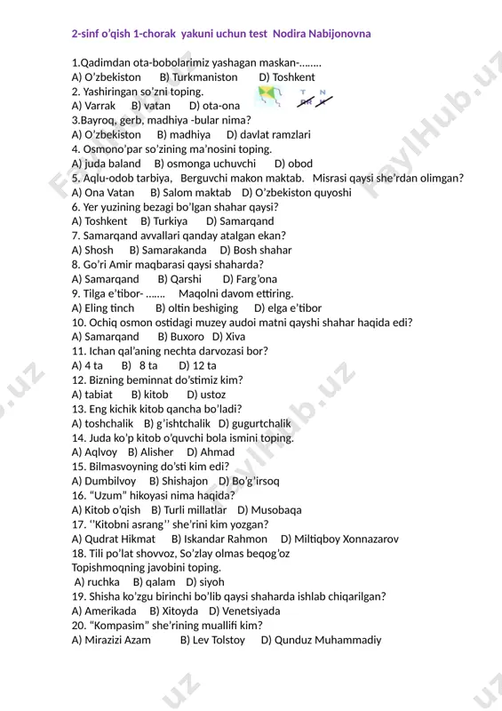 2-sinf o'qish test 1-chorak snn — DOCX