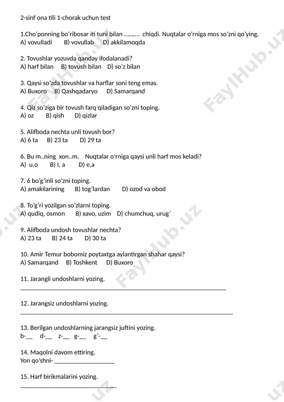 2-sinf ona tili test snn 1-chorak — DOCX