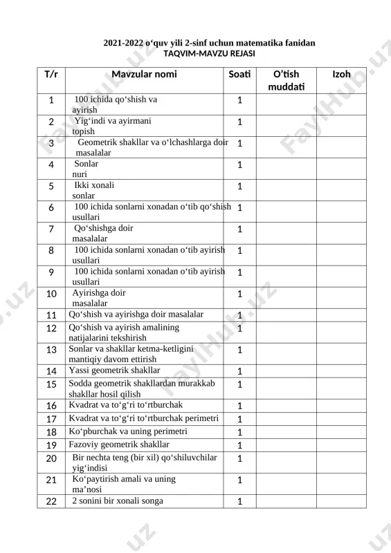 matematika 2-sinf uy ta'limi — DOCX
