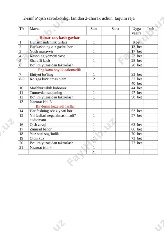 2-sinf 2-chorak reja o'qish savodxonligi — DOCX